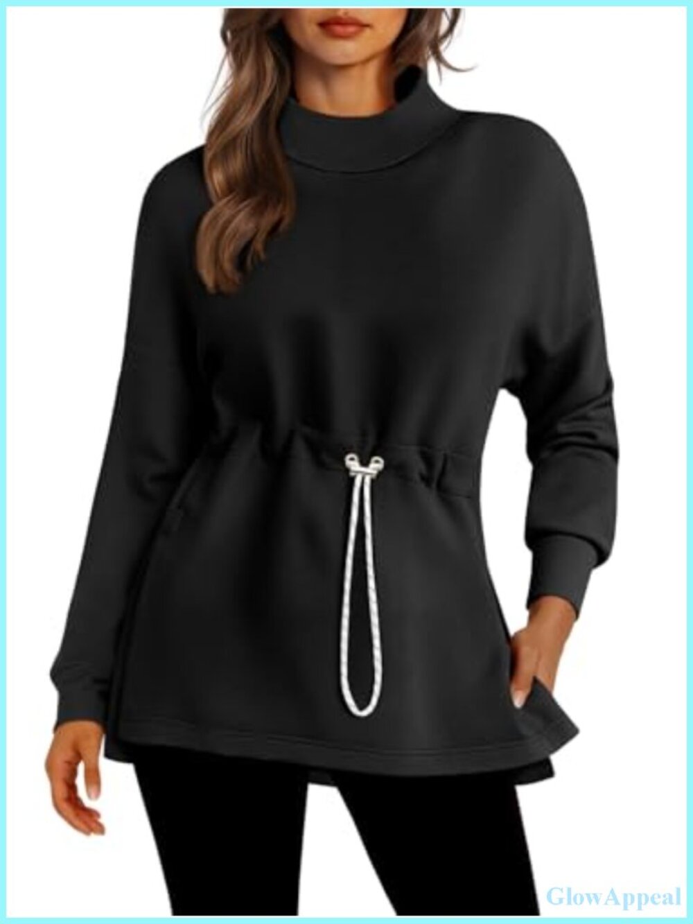 Turtleneck Sweatshirt Long Sleeve Pullover Tunic Top Drawstring Waist
